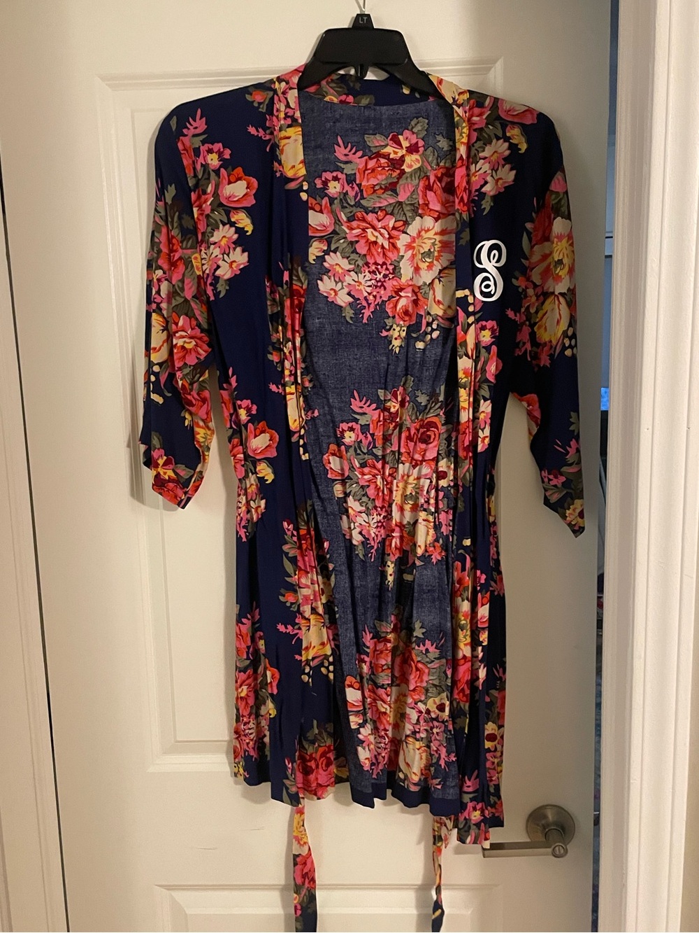 Floral Navy Women's Kimono Robe with Pink & Coral Blooms